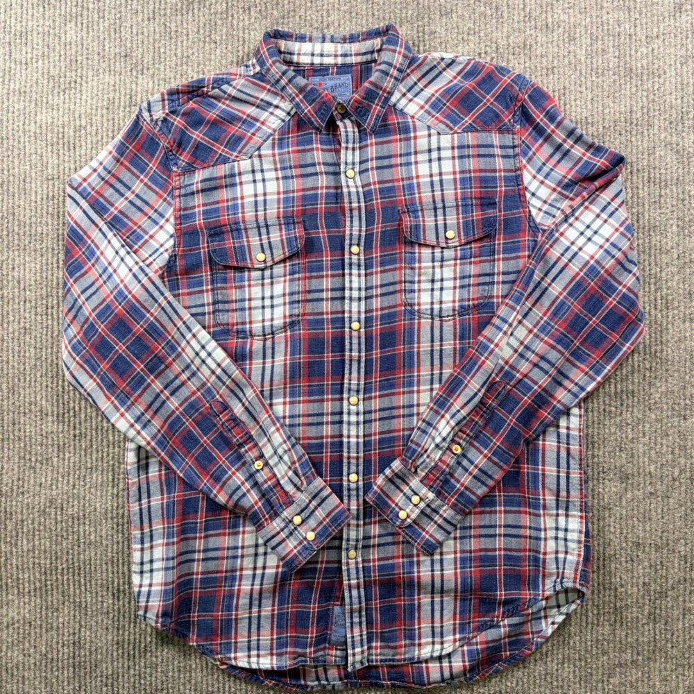 Lucky Brand Mens True Indigo Plaid Western Pearl Snap Shirt Blue Red Large - Picture 2 of 8